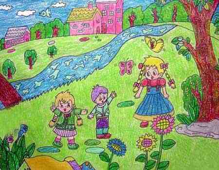 这幅儿童画春天画面优美,构图简洁,充满孩子们的奇思妙想,非常适合