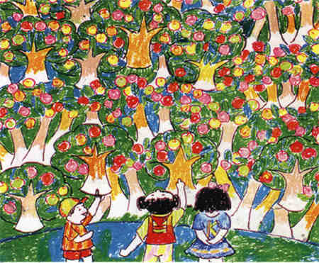 儿童画秋天:丰收的果园