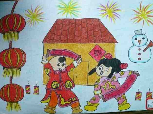 春节儿童画:过新年儿童画