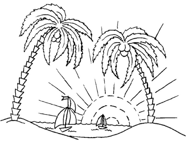 椰子树简笔画:椰子树、红帆船